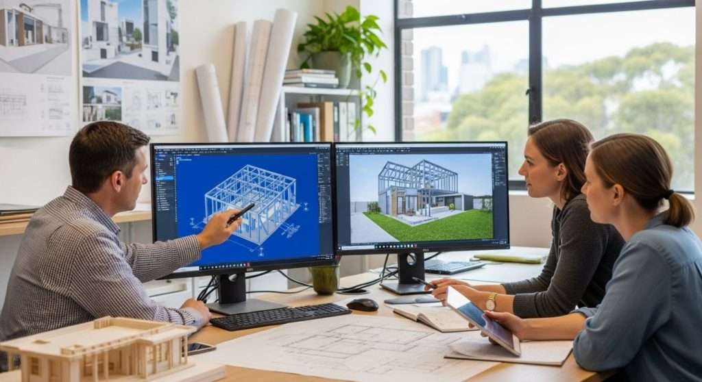 Architects reviewing 3D building structural design on dual monitors in modern office