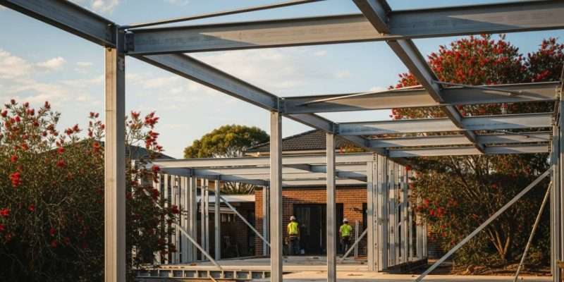 Steel frame structure of residential building under construction with workers on site