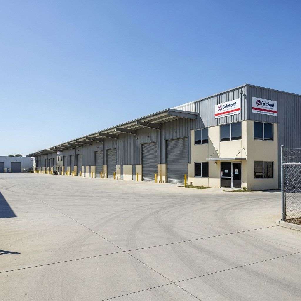 Colorbond steel-clad warehouse facility with row of roller shutter doors, two-storey office entrance and large concrete driveway under clear blue sky