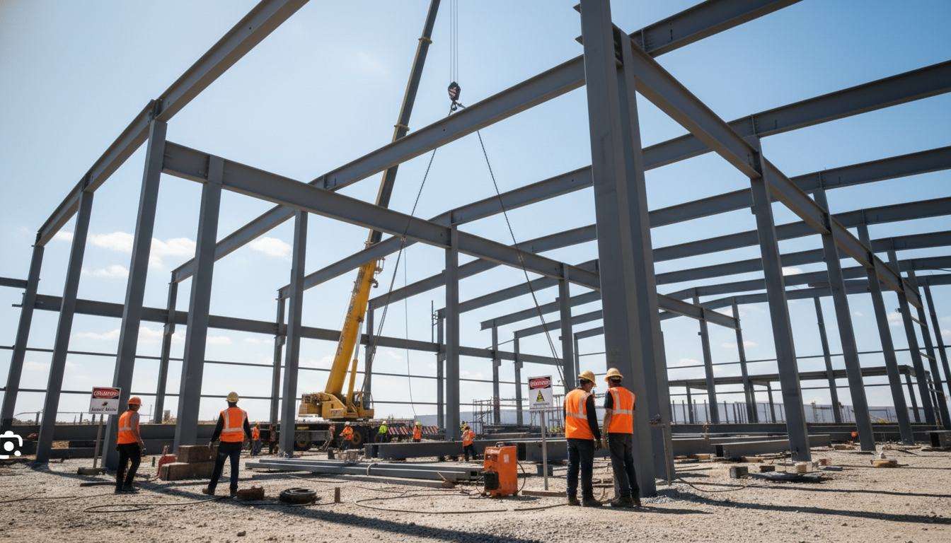 construction workers in orange vests and hard hats on a building site with a crane