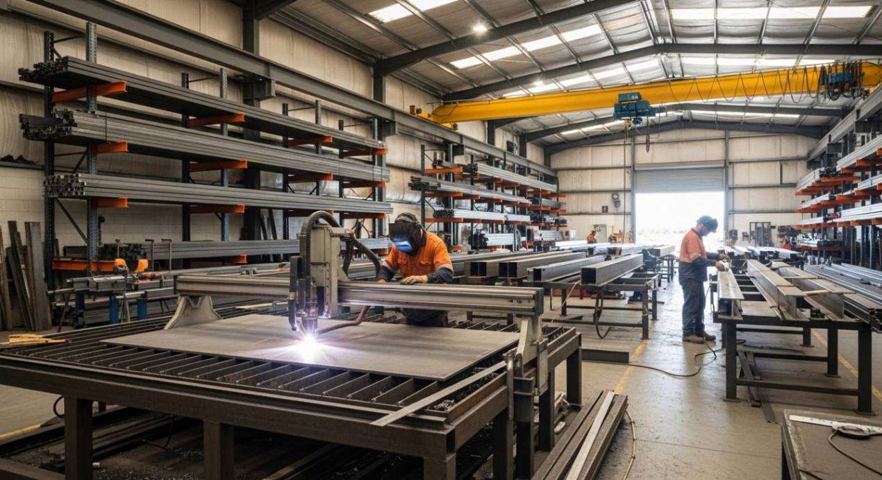 Steel fabrication workshop interior with CNC plasma cutting table, workers welding and grinding, cantilever storage racks and overhead crane
