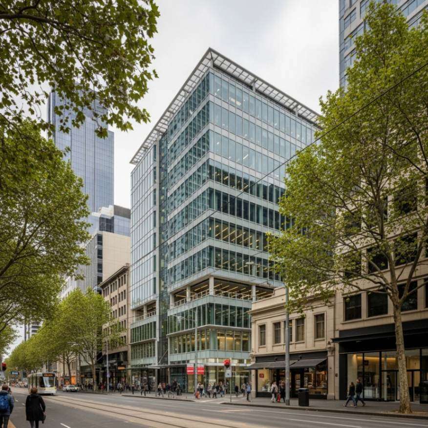 Modern multi-storey glass curtain wall commercial office building on a tree-lined street in Melbourne CBD with tram and pedestrians