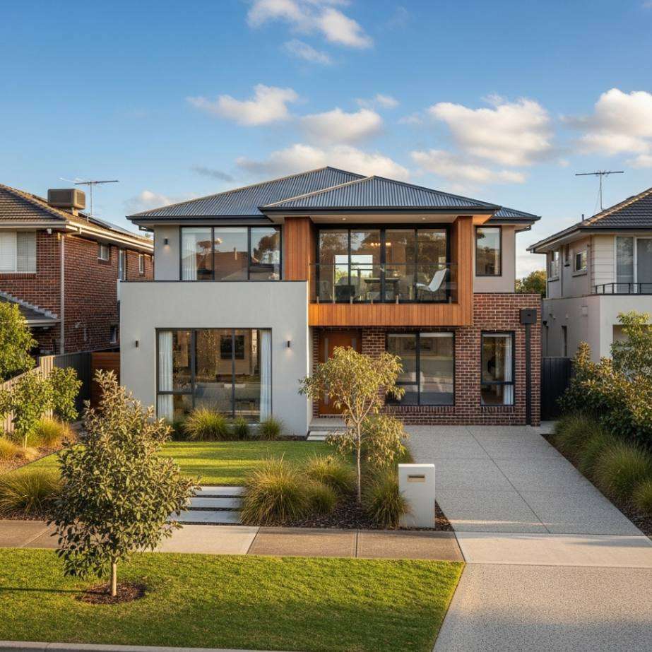 Modern two-storey residential home with brick, timber cladding, metal roof, large windows and landscaped front garden in suburban Melbourne