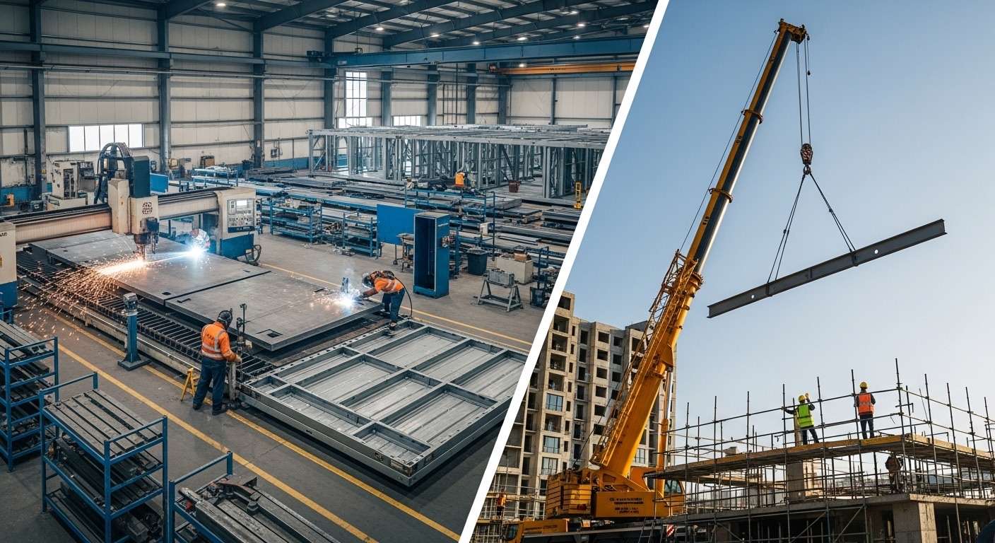 Prefabricated-steel-modules-from-factory-production-to-construction-site-crane-installation