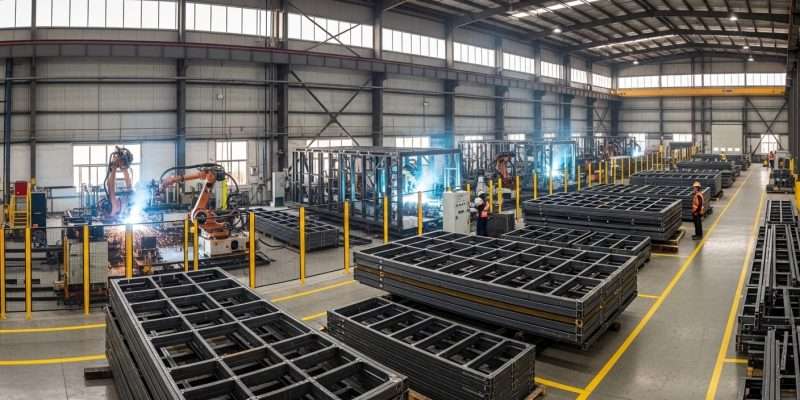 Modern-prefabricated-steel-factory-interior-with-robotic-welding-production-lines-and-completed-steel-frame-modules