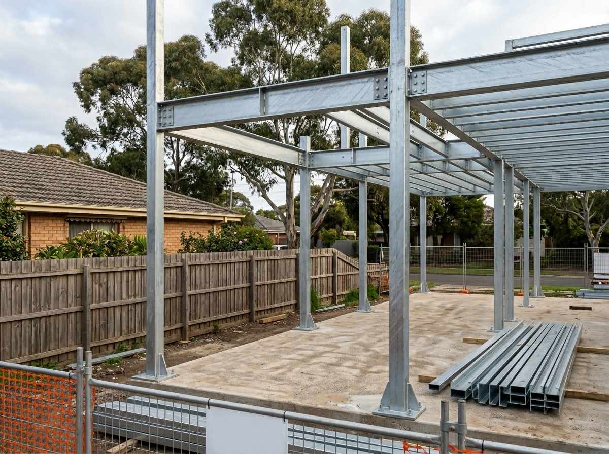 Residential structural steel frame under construction Melbourne