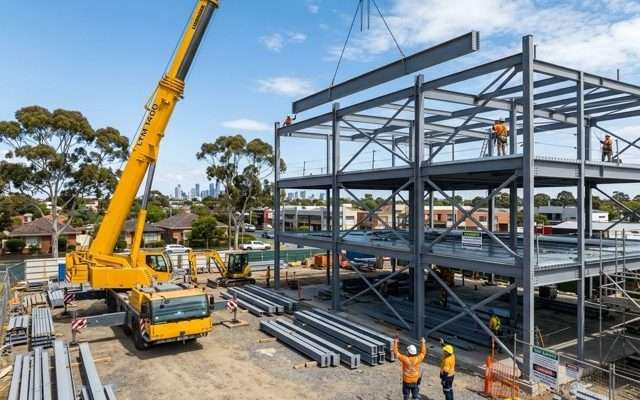 crane-lifting-structural-steel-beam-onto-multi-storey-frame-melbourne-construction-site