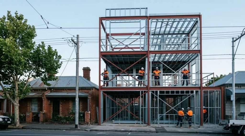 Melbourne medium-density townhouse construction site with structural steel frame, AS/NZS 5131 compliance