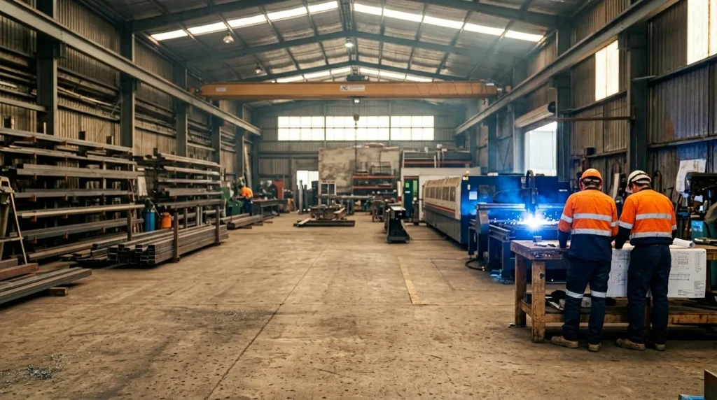 Two workers in orange safety jackets review blueprints in a large industrial workshop with metal fabrication equipment.