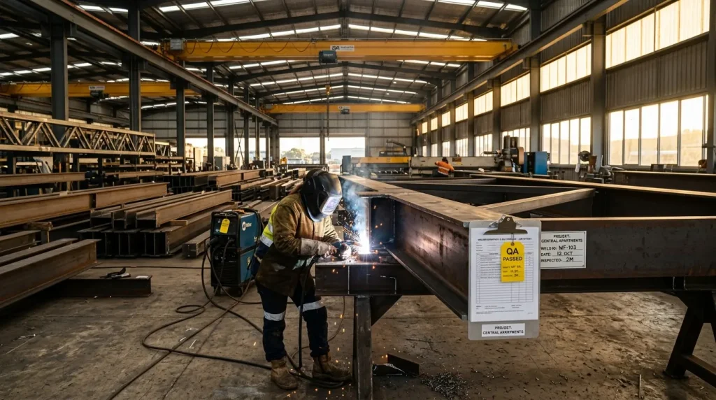 A welder in protective gear working on a large steel beam in a spacious industrial workshop with natural light