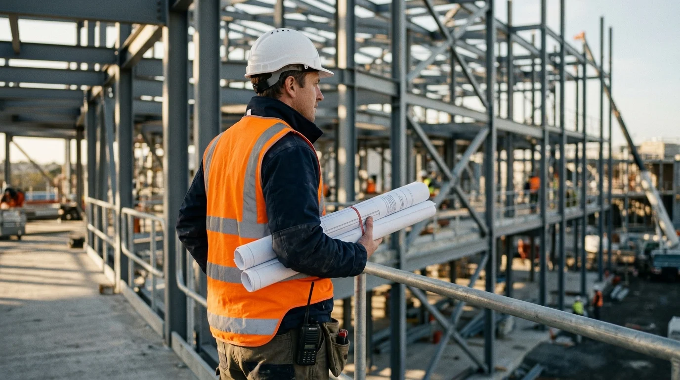 Construction worker in safety gear holding blueprints while looking at a building site under construction