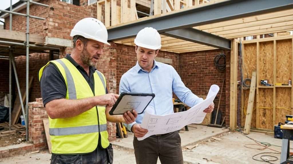 Two construction workers in hard hats reviewing building plans and a tablet on a construction site