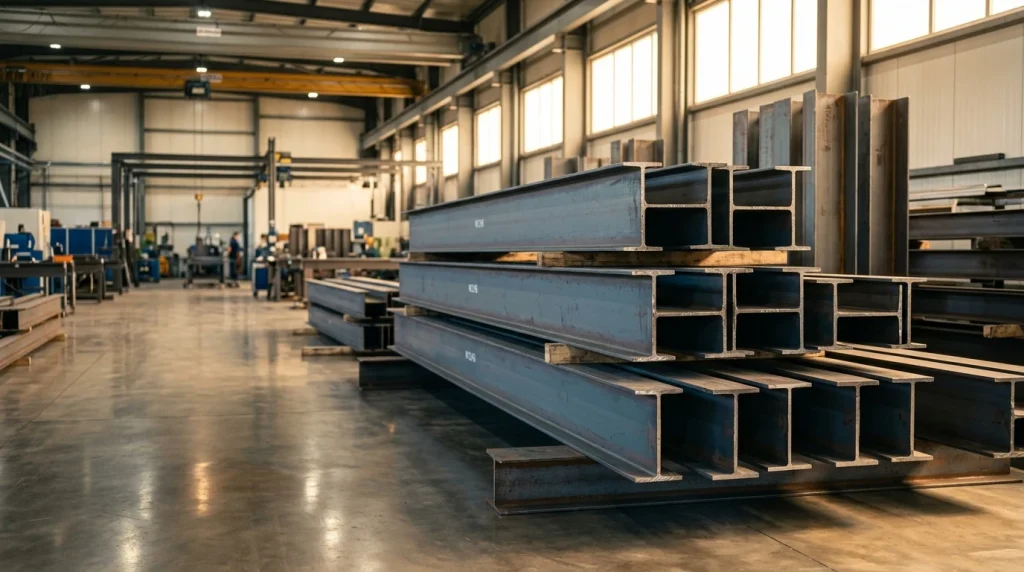 Stacks of steel I-beams in a large industrial warehouse with polished concrete floor and bright windows.