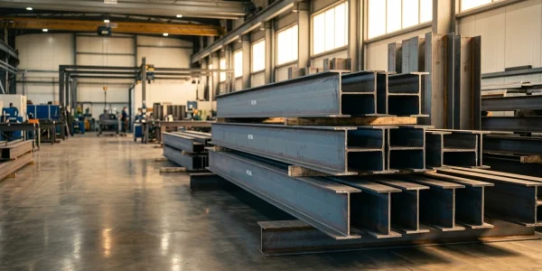 Stacks of steel I-beams in a large industrial warehouse with polished concrete floor and bright windows.