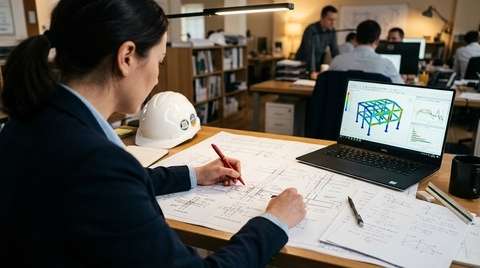 A female engineer in a suit sits at a desk reviewing architectural blueprints with a white hard hat nearby.