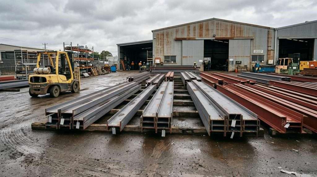 Rows of steel beams stacked on wooden pallets in a wet industrial yard with a yellow forklift nearby.