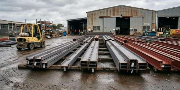 Rows of steel beams stacked on wooden pallets in a wet industrial yard with a yellow forklift nearby.