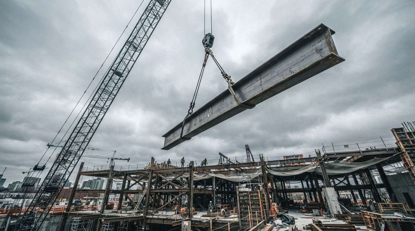 Steel beam being lifted into place by crane on a commercial site