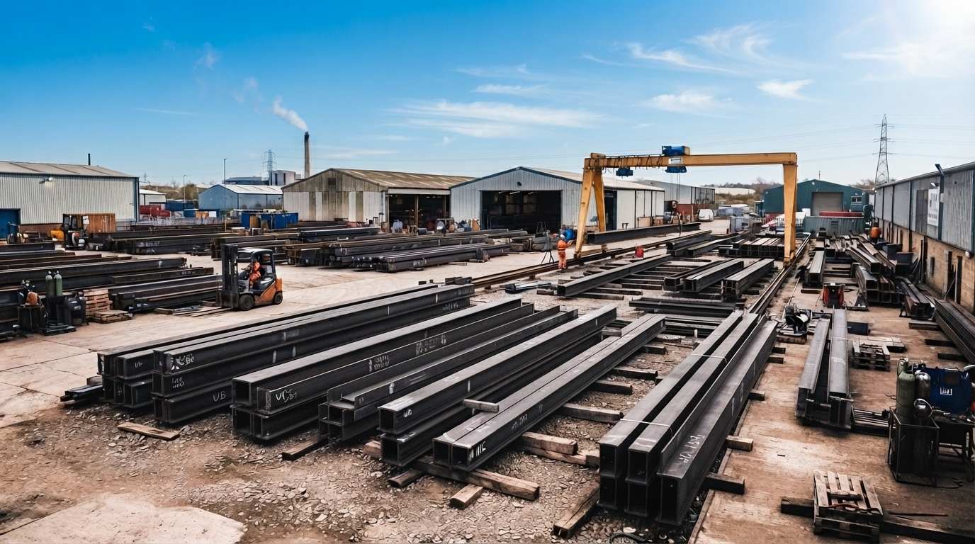 Stacked structural steel sections in the A.C. Steel yard
