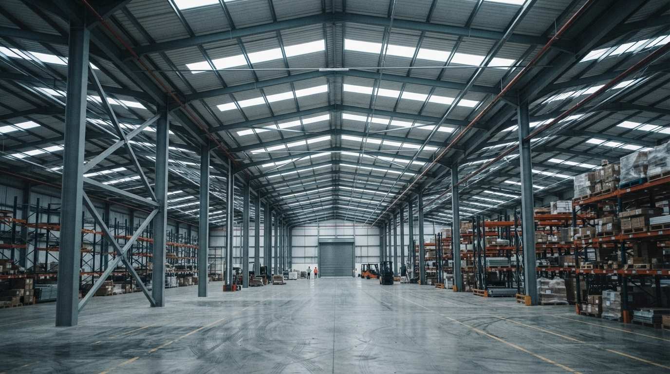 Commercial structural steel frame — completed roof structure