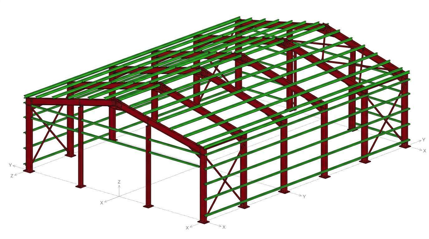 3D structural steel model produced in-house, showing portal frames, rafters, bracing and connections set out before fabrication