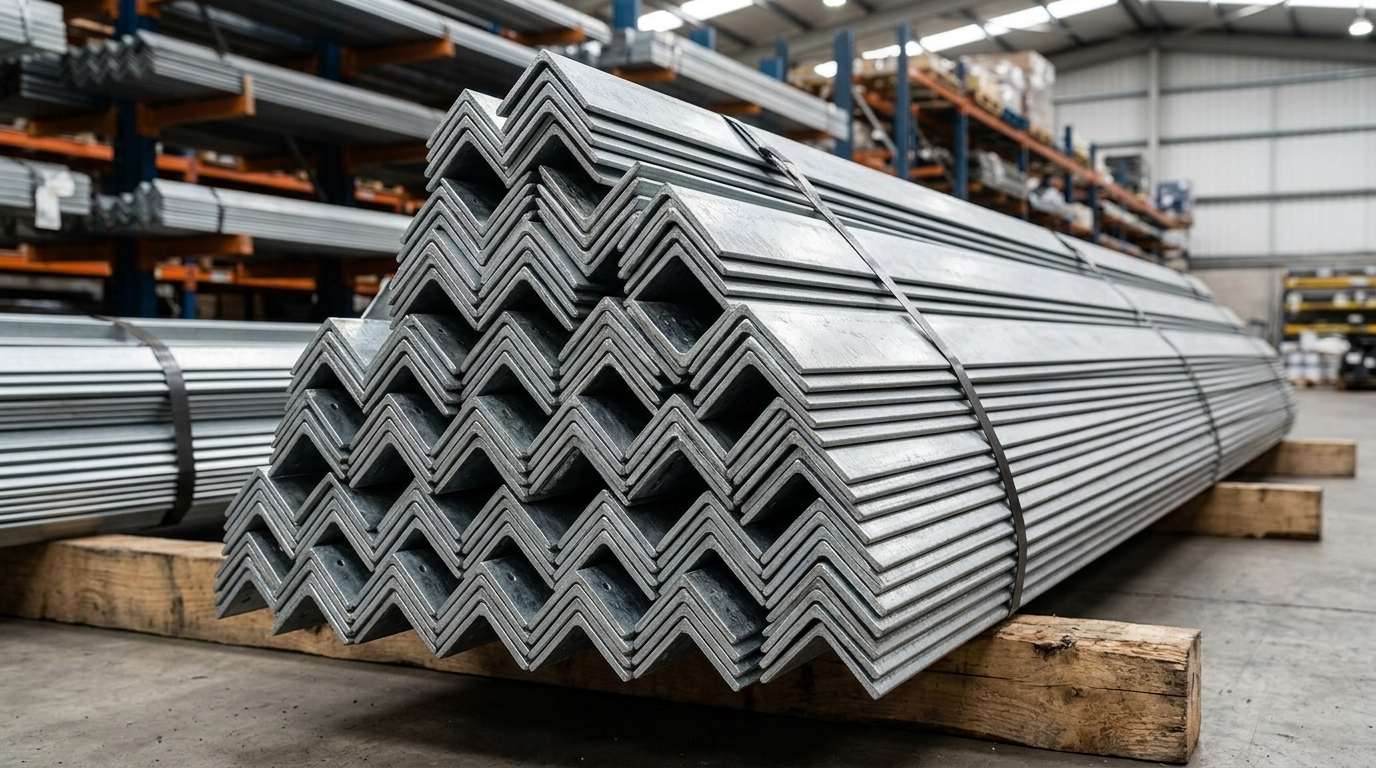 Bundles of hot-dip galvanised steel angle stacked on timber gluts, the section commonly used for lintels over brick openings
