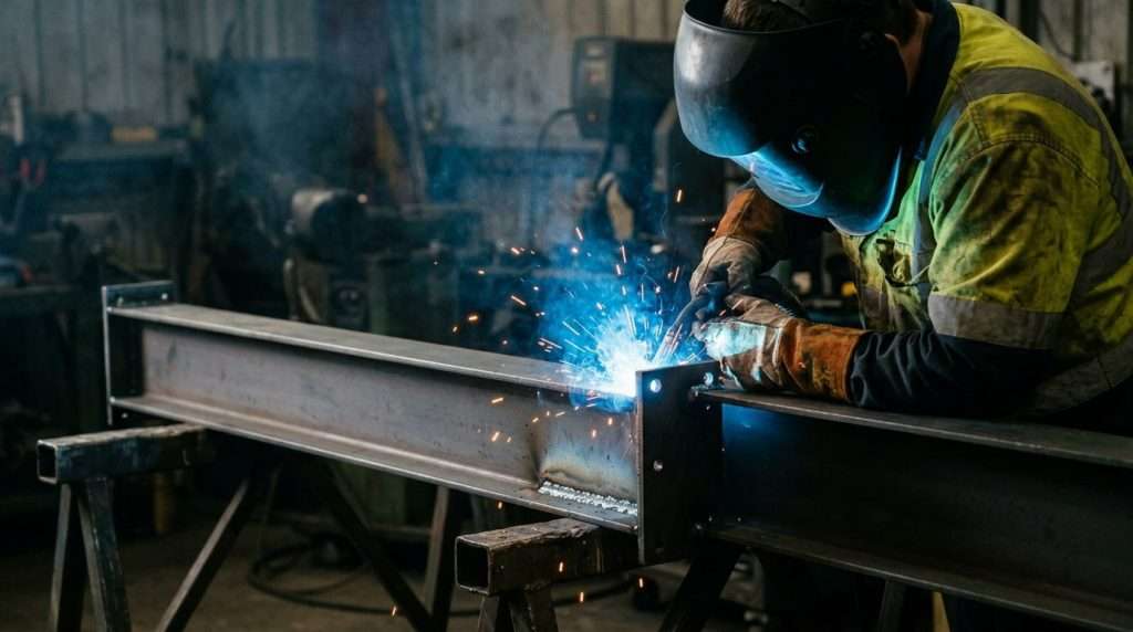 A welder in protective gear joins steel beams with bright sparks flying in a workshop.