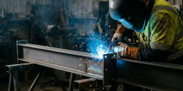 A welder in protective gear joins steel beams with bright sparks flying in a workshop.