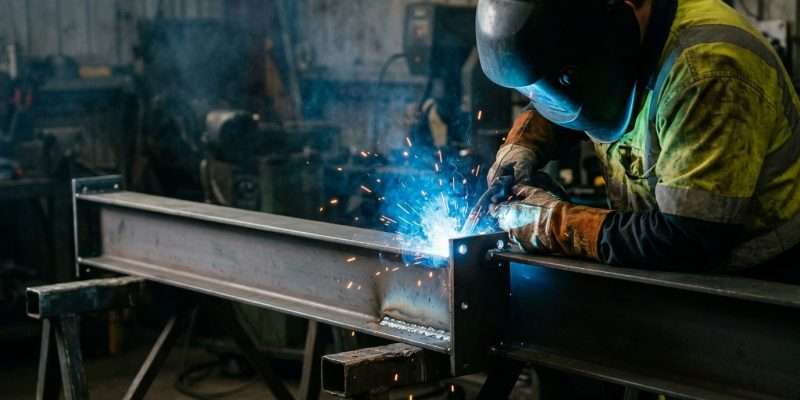A welder in protective gear joins steel beams with bright sparks flying in a workshop.